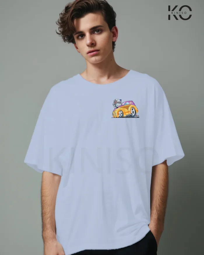 Image of Sky Blue color drop shoulder t-shirt with Racing Car Engine Print for men at reasonable price